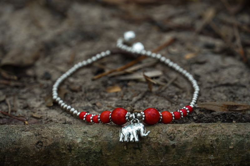 Red Elephant Pendant Boho Silver Anklet - Bracelets &
