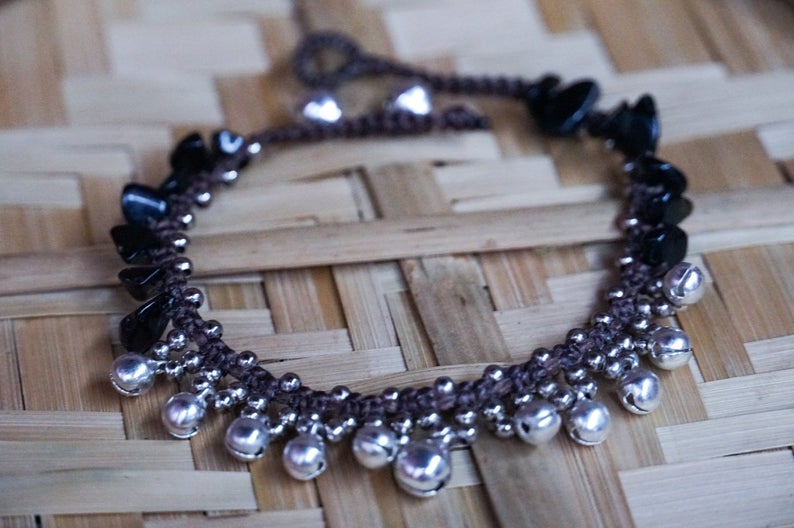 Black Silver Tone Bells Boho Anklet