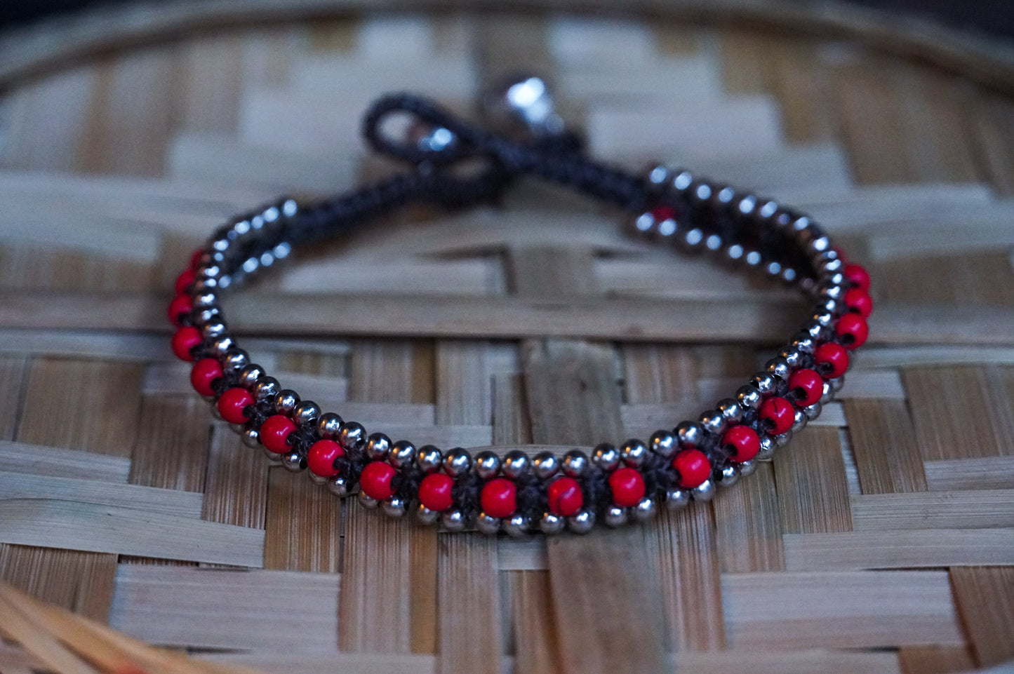 Red Band Boho Silver Anklet - Bracelets & Anklets