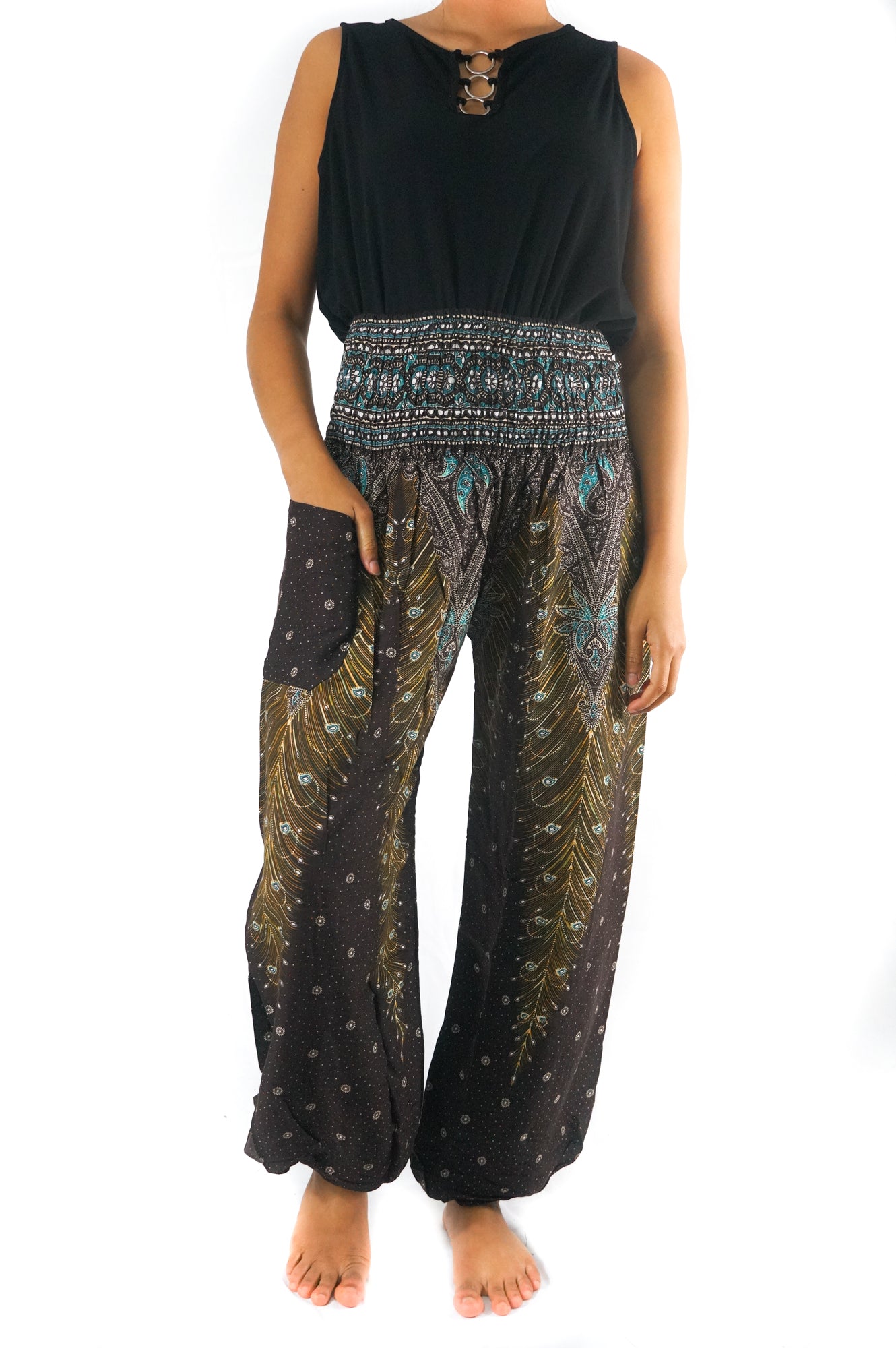 Brown Teal PEACOCK Women Boho & Hippie Harem Pants