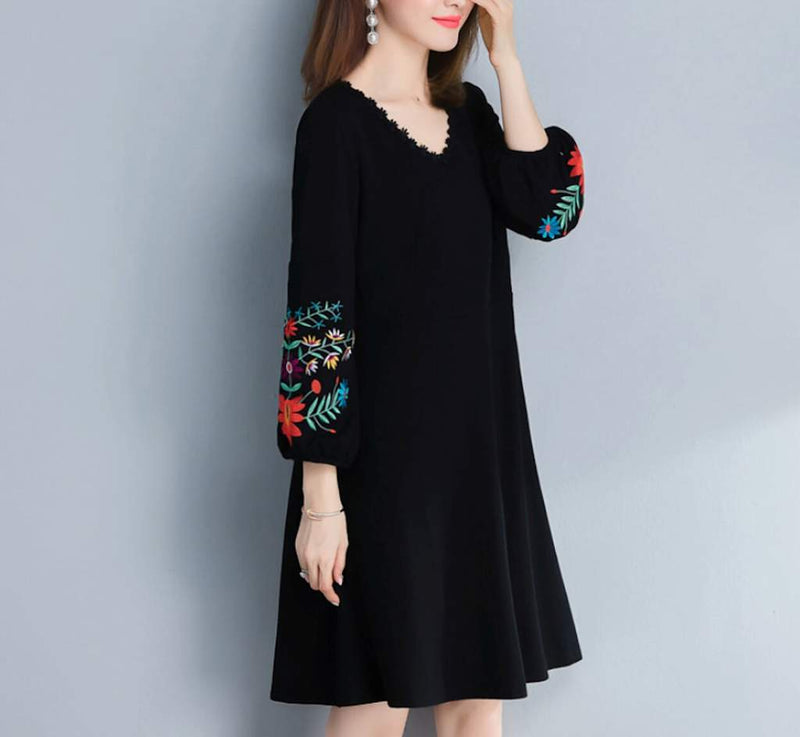 Womens V Neck Dress with Embroidered Sleeves