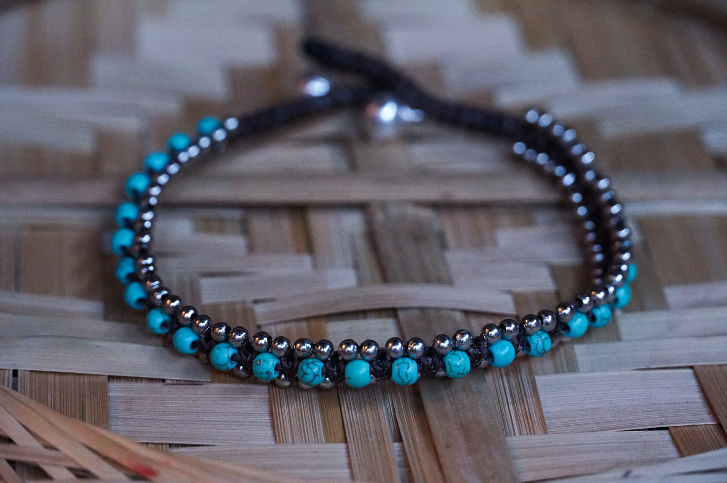 Turquoise Color Band Boho Silver Anklet - Bracelets &