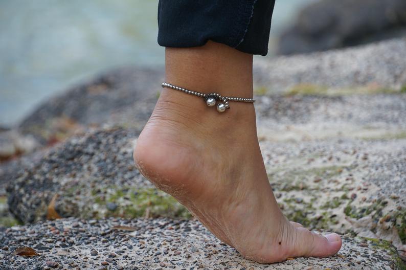 Black Elephant Pendant Boho Silver Anklet