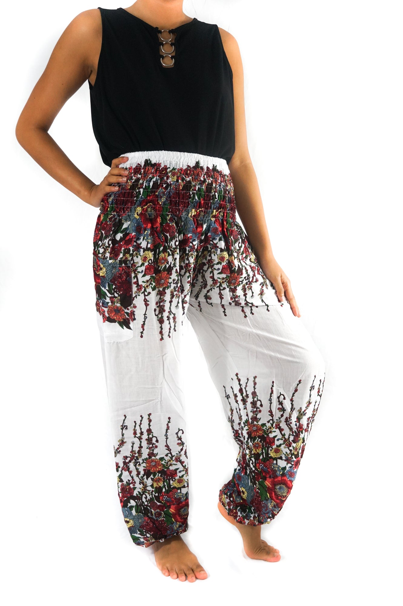 White FLORAL Women Boho & Hippie Harem Pants