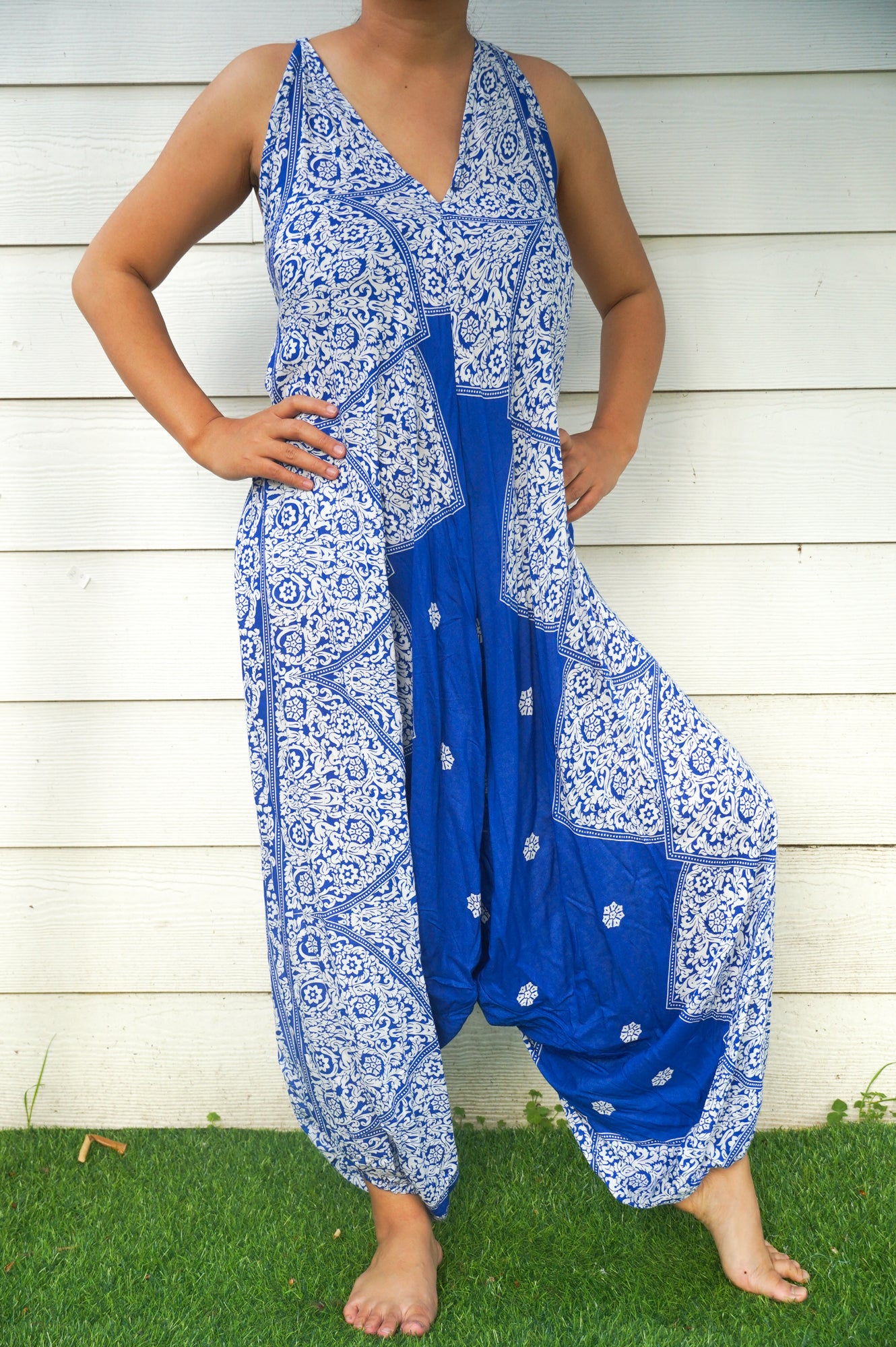 Blue Floral Boho Hippie Jumpsuits,