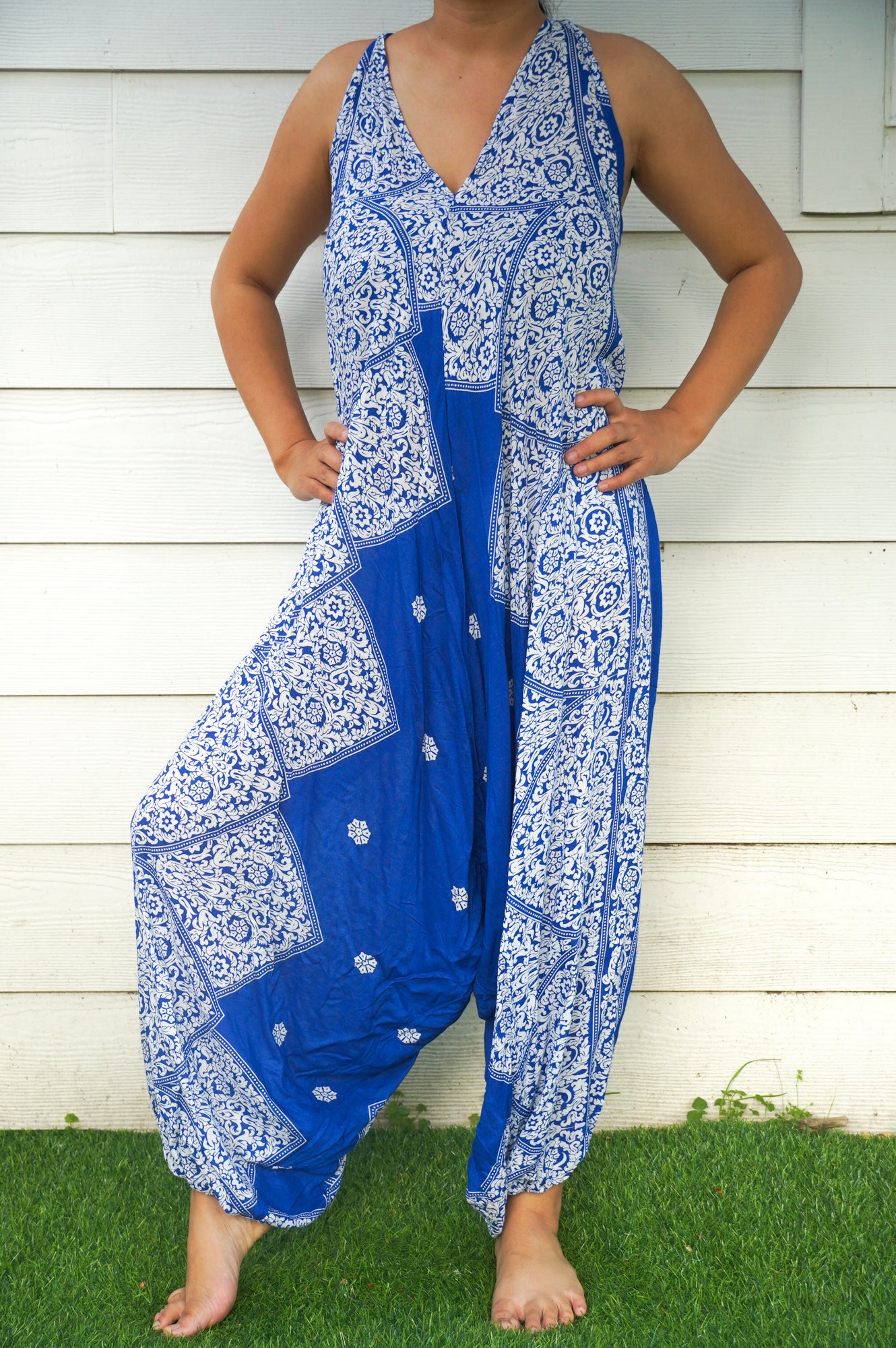 Blue Floral Boho Hippie Jumpsuits,