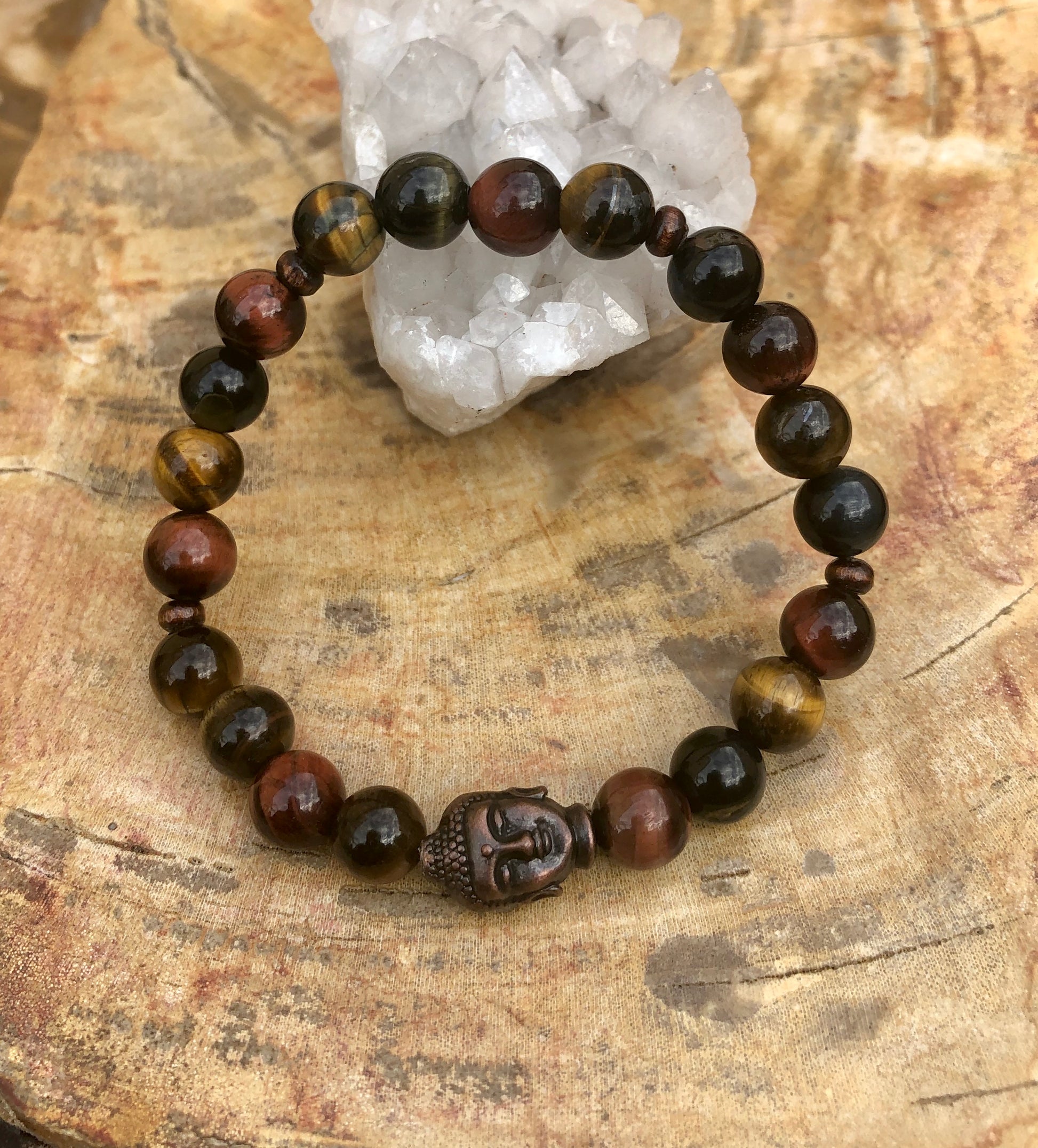 Multi Tiger Eye & Buddha Gemstone Stretch Bracelet!