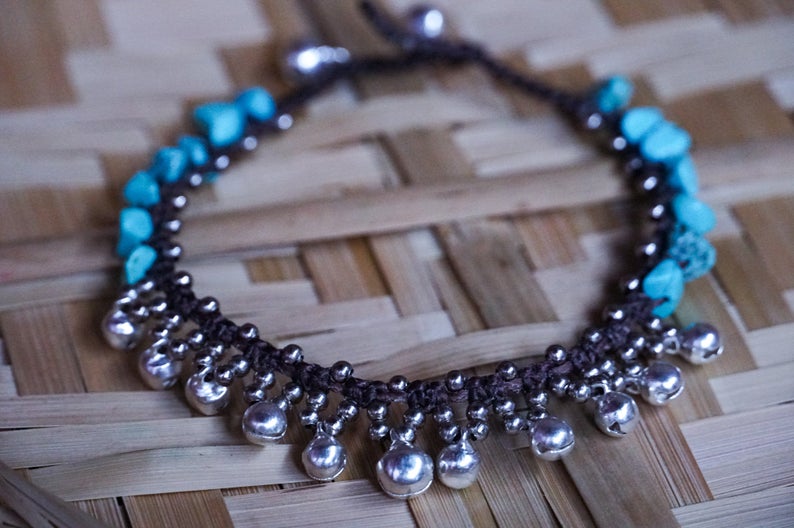 Turquoise Silver Bell Boho Anklet - Bracelets & Anklets