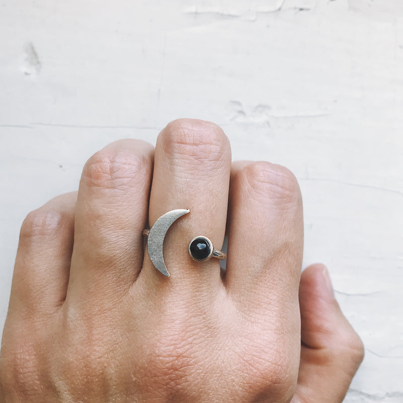 Crescent Moon Ring with Black Onyx