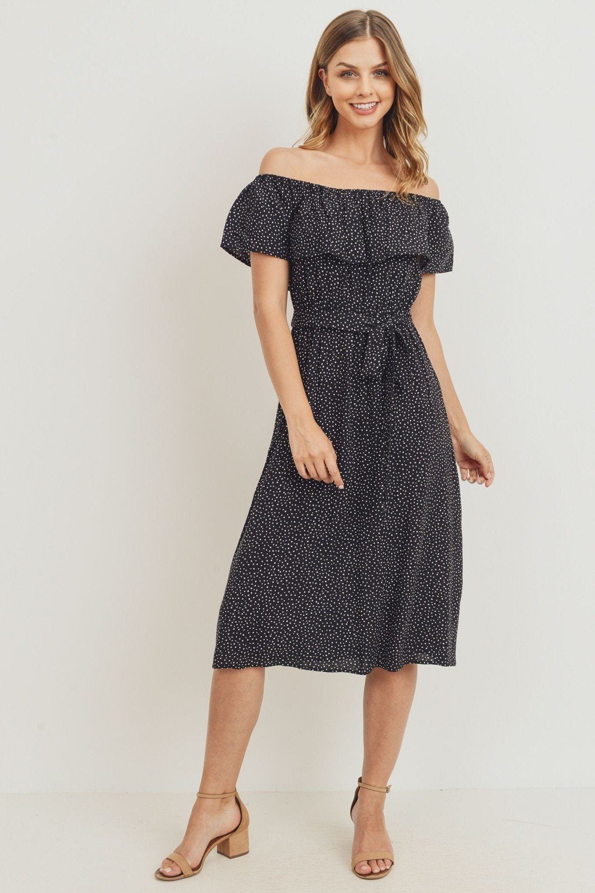 Off The Shoulder Waist Belt With Printed Midi Dress