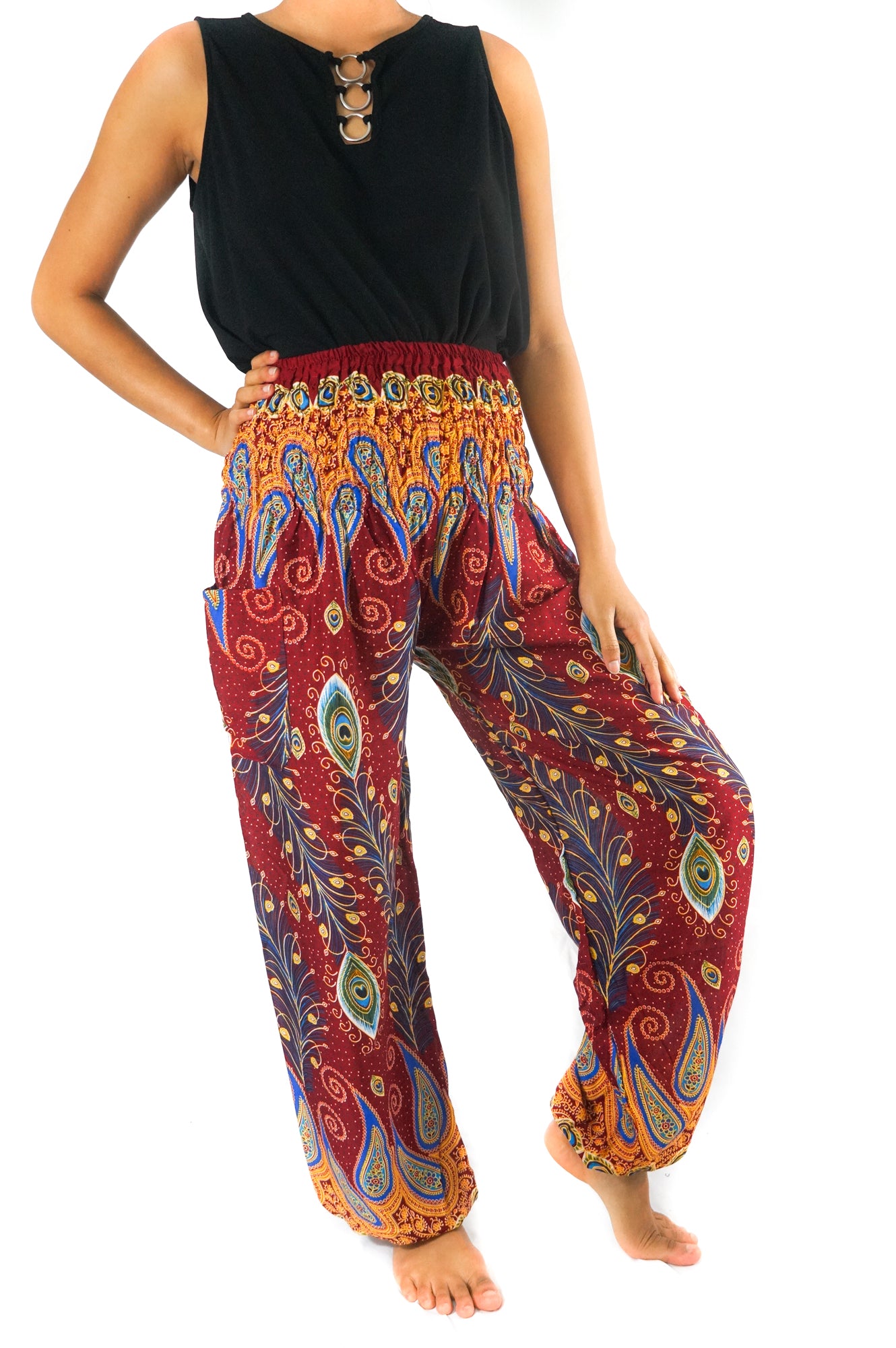 Burgundy Peacock Women Boho & Hippie Harem Pants