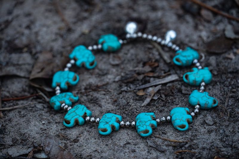 Turquoise Color Elephant Boho Silver Anklet - Bracelets &