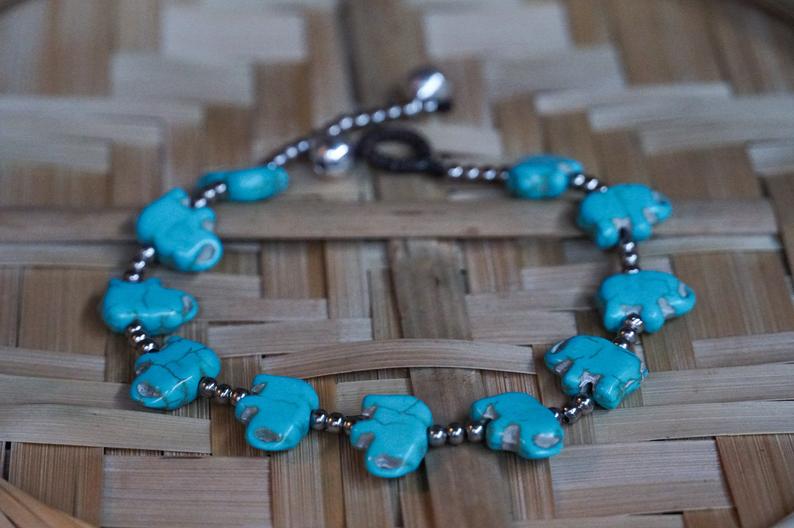 Turquoise Color Elephant Boho Silver Anklet - Bracelets &