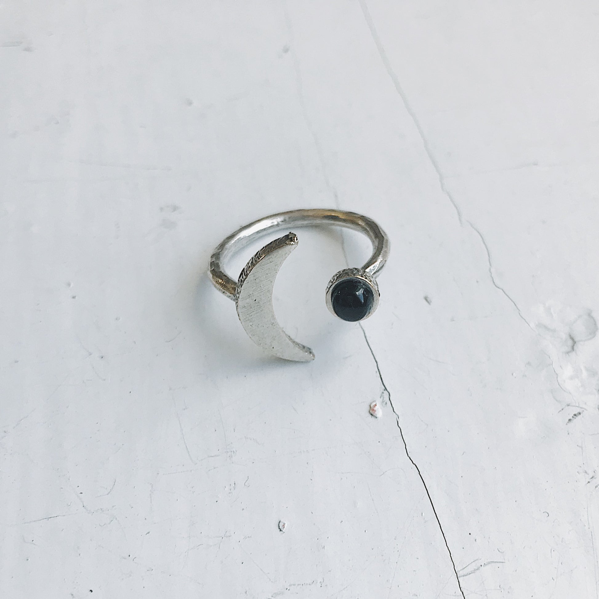 Crescent Moon Ring with Black Onyx