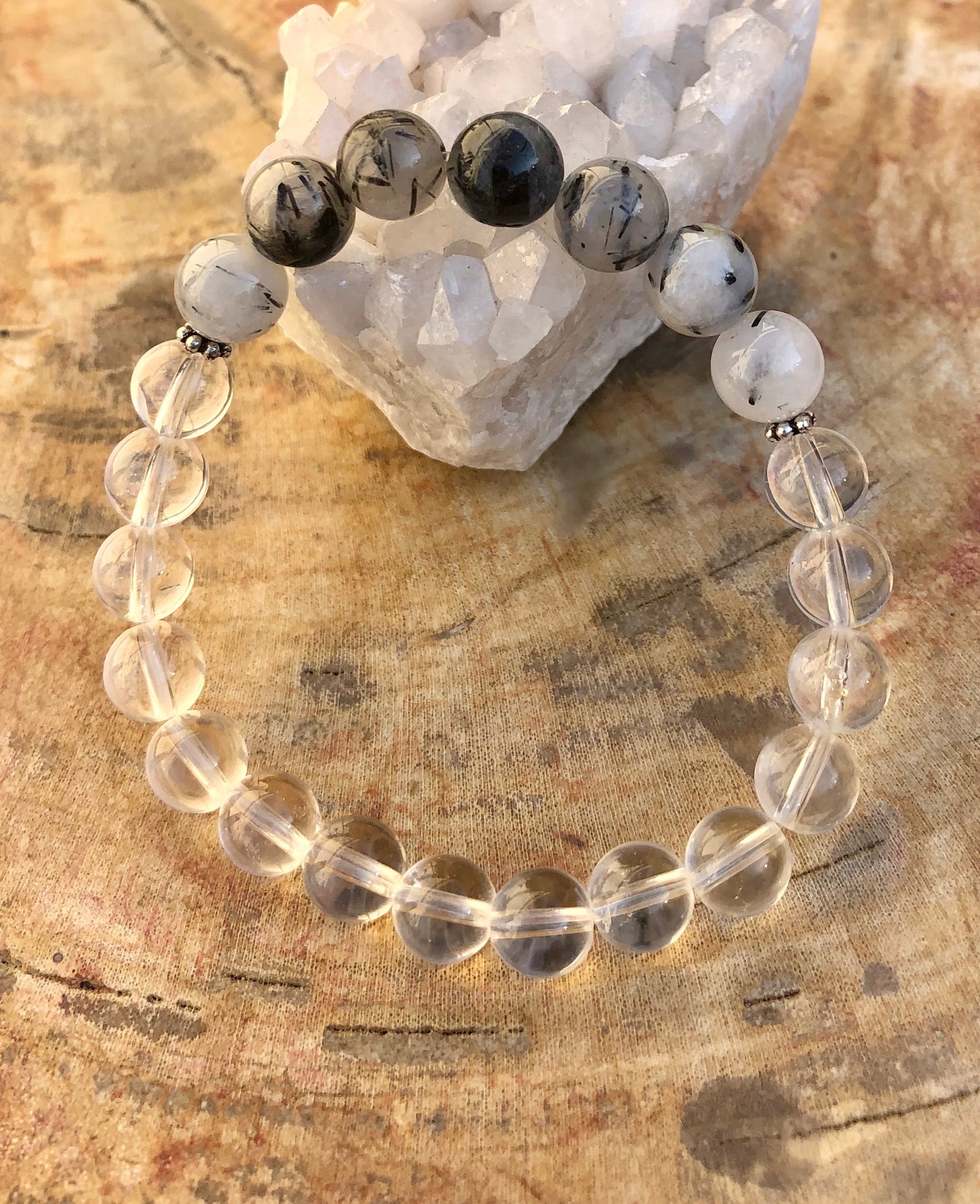 Black Tourmaline & Crystal Quartz Stretch Bracelet! Genuine