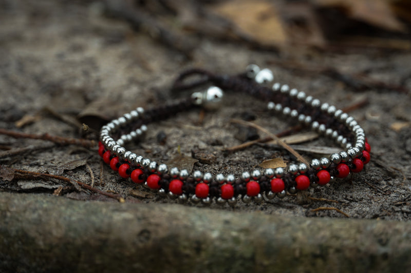 Red Band Boho Silver Anklet - Bracelets & Anklets
