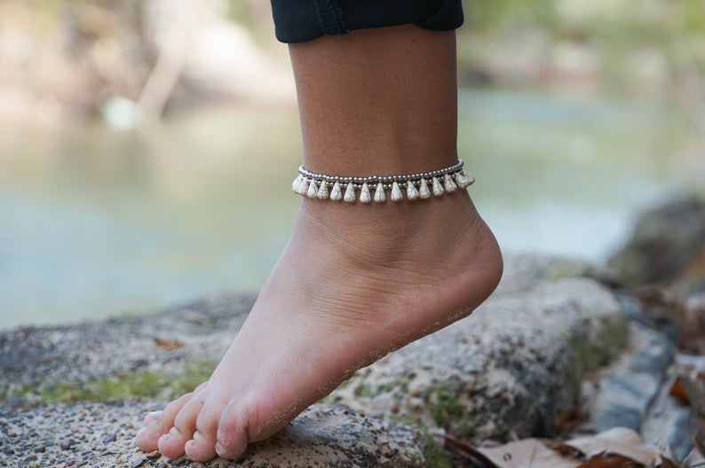 White Teardrop Bead Boho Silver Anklet - Bracelets & Anklets