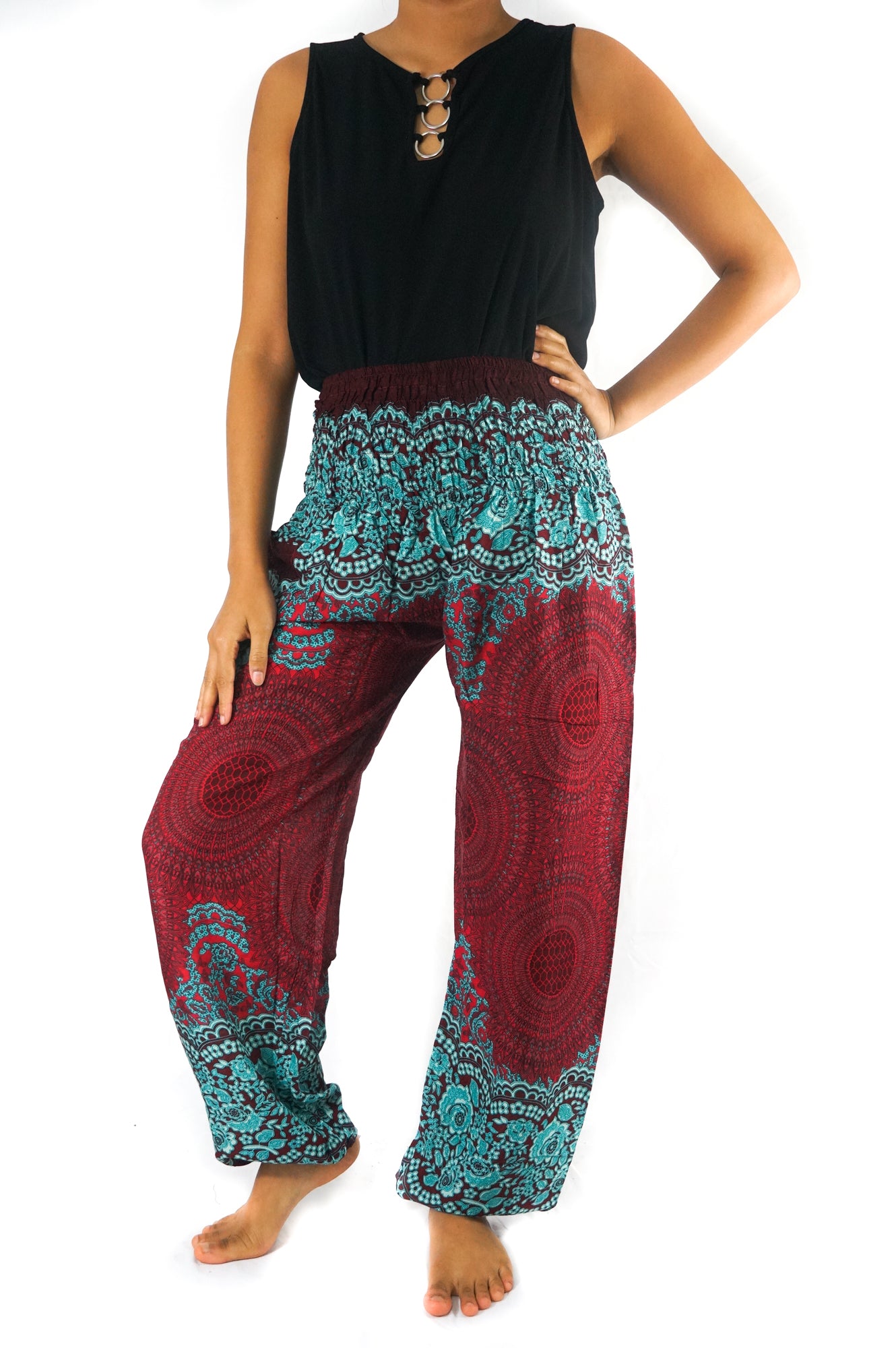 Burgundy FLORAL MANDALA Women Boho & Hippie Harem Pants