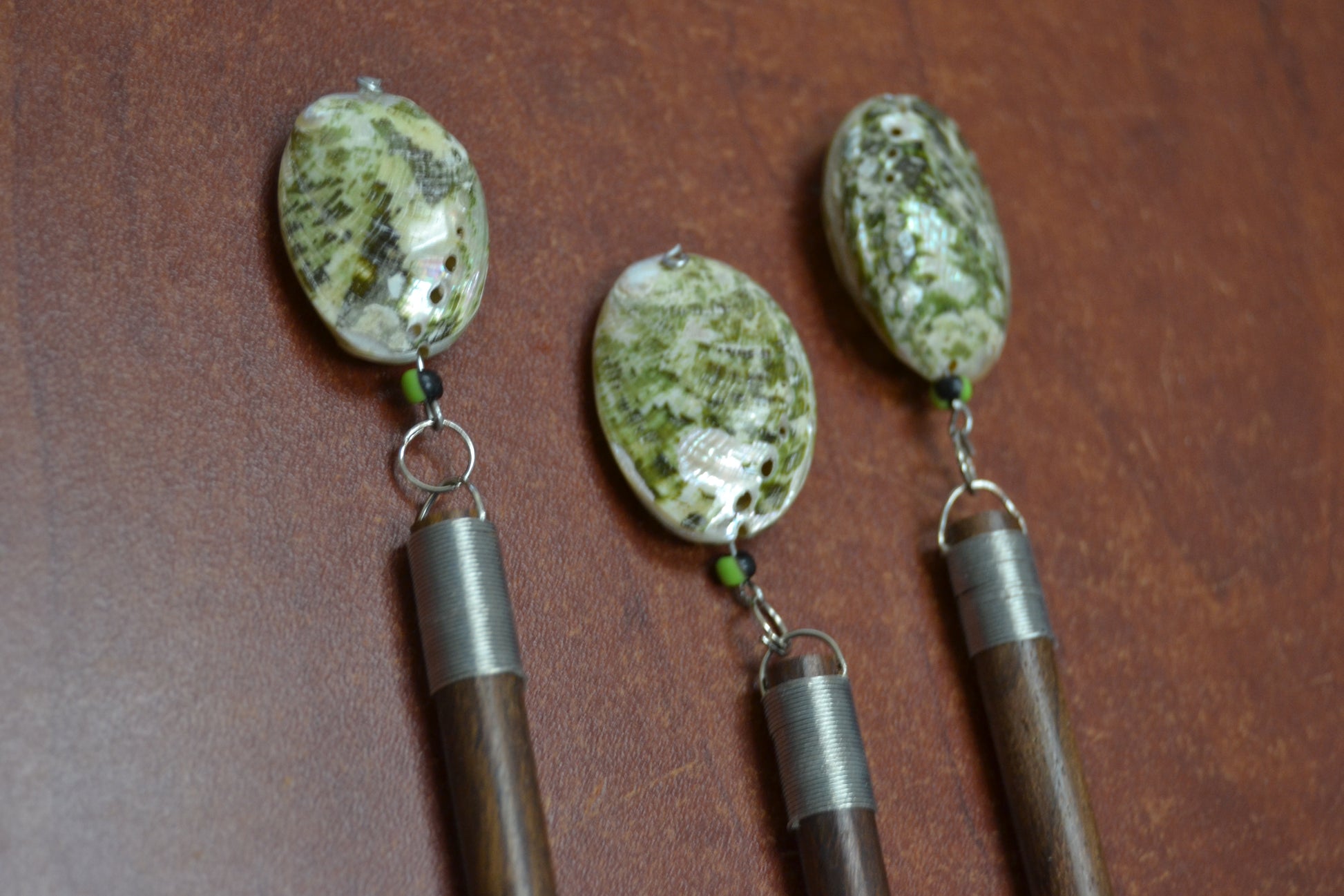 Handmade Green Abalone Shell Wood Hairsticks 3 Pcs 