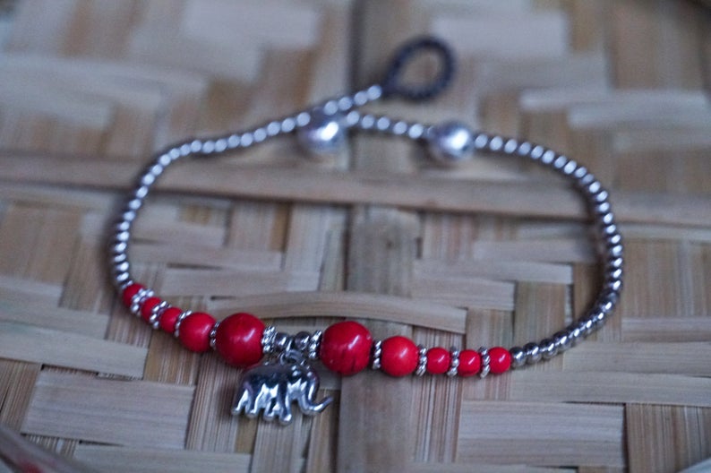 Red Elephant Pendant Boho Silver Anklet - Bracelets &