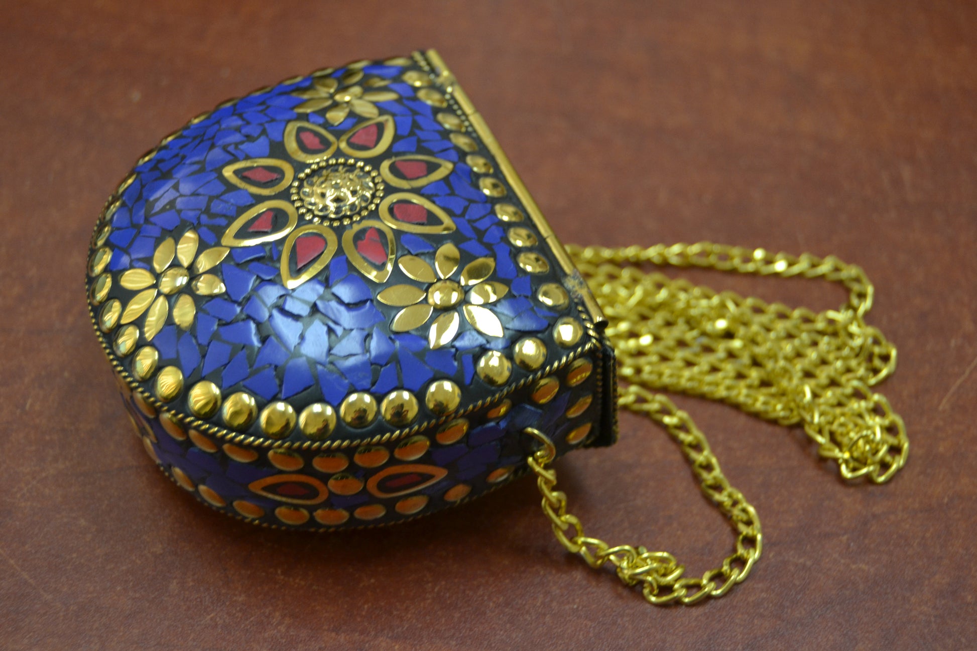 Handmade Blue Shell Clutch Brass Metal Purse