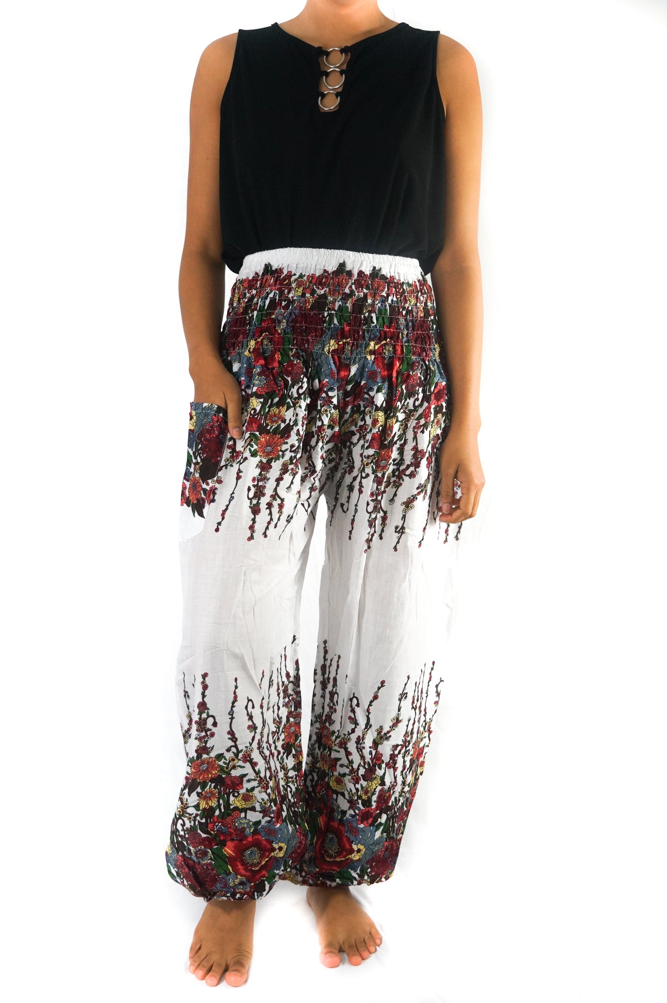 White FLORAL Women Boho & Hippie Harem Pants