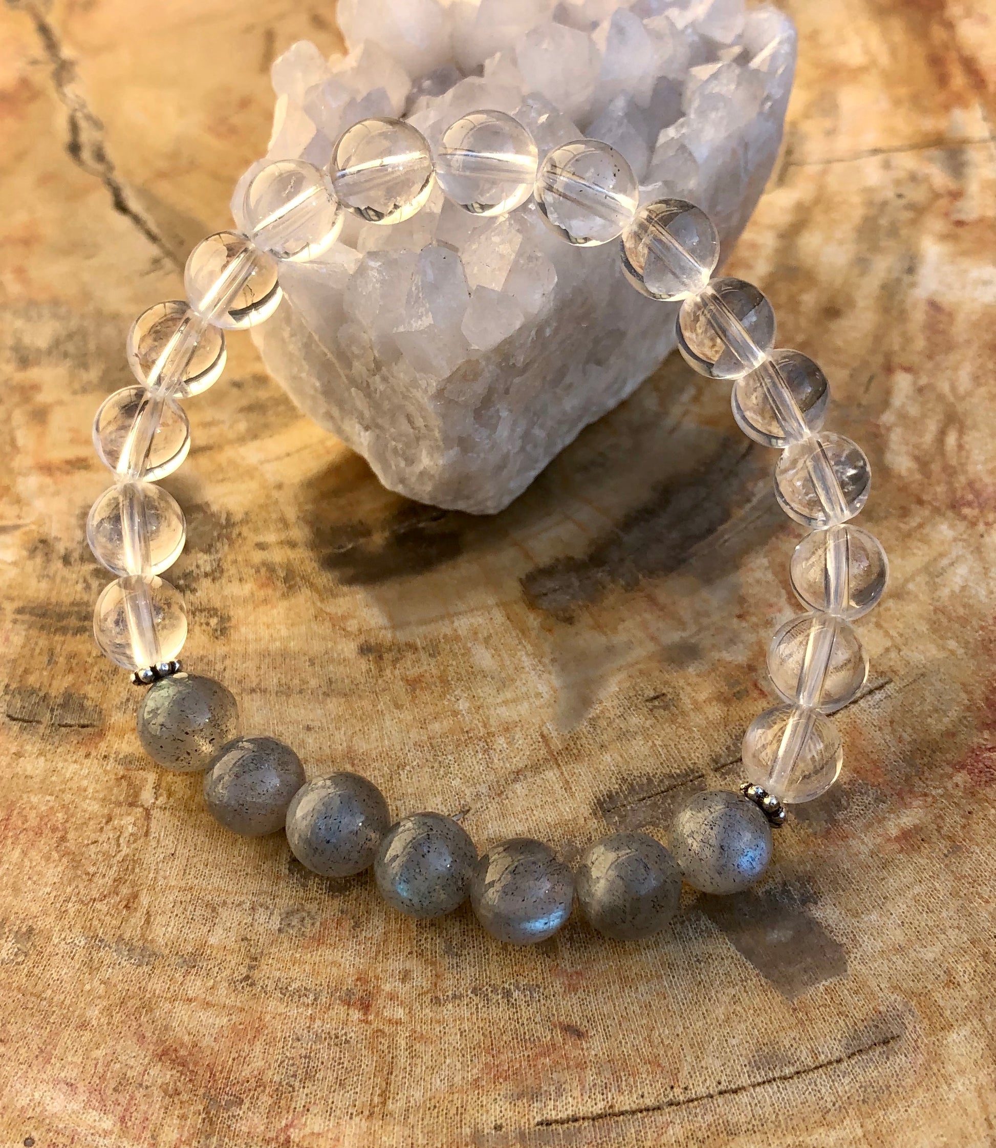 Labradorite & Crystal Quartz Stretch Bracelet! Blue Flash & Handmade!