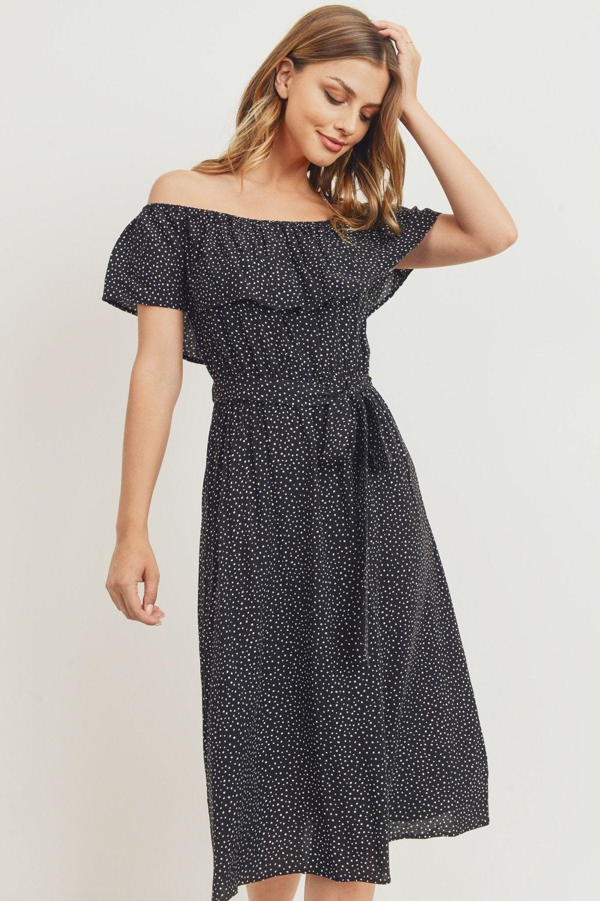 Off The Shoulder Waist Belt With Printed Midi Dress