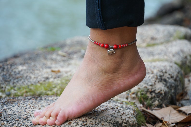 Red Elephant Pendant Boho Silver Anklet - Bracelets &