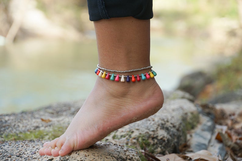 Fancy Teardrop Bead Boho Silver Anklet - Bracelets & Anklets