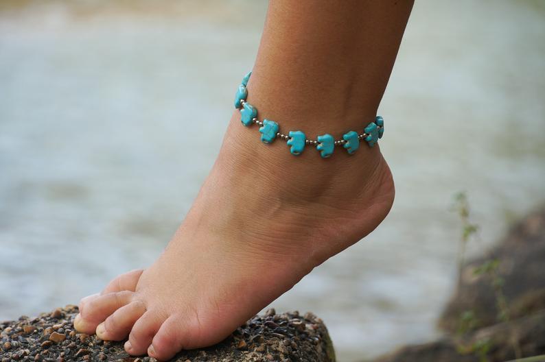 Turquoise Color Elephant Boho Silver Anklet - Bracelets &