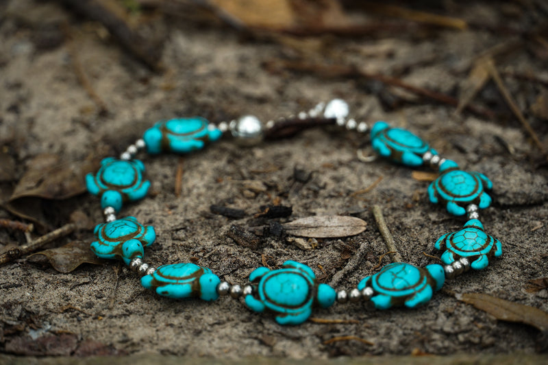 Turquoise Color Turtle Boho Silver Anklet - Bracelets &