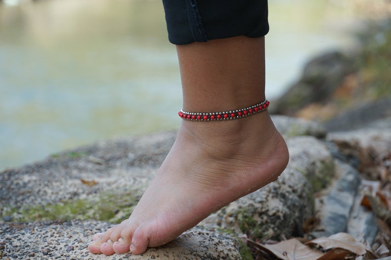 Red Band Boho Silver Anklet - Bracelets & Anklets