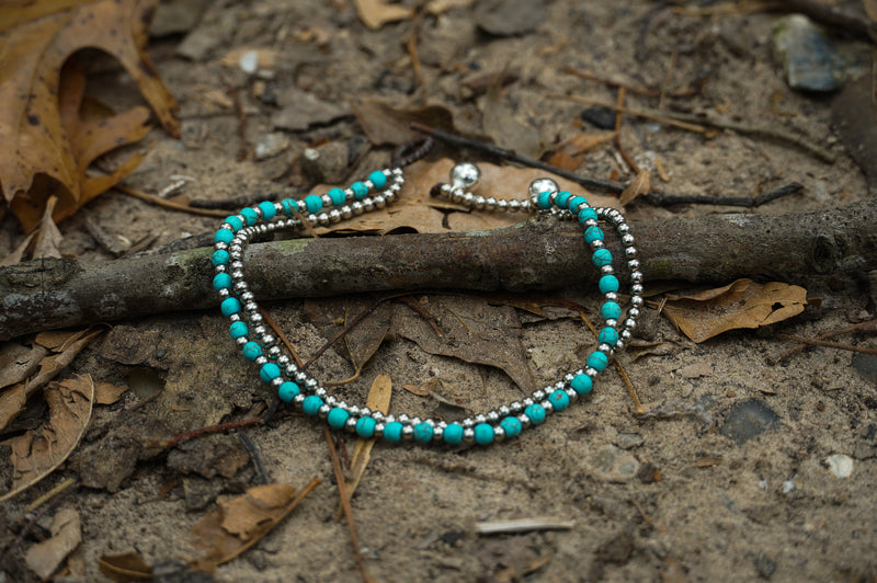 Turquoise Color Dual Band Boho Silver Anklet - Bracelets &