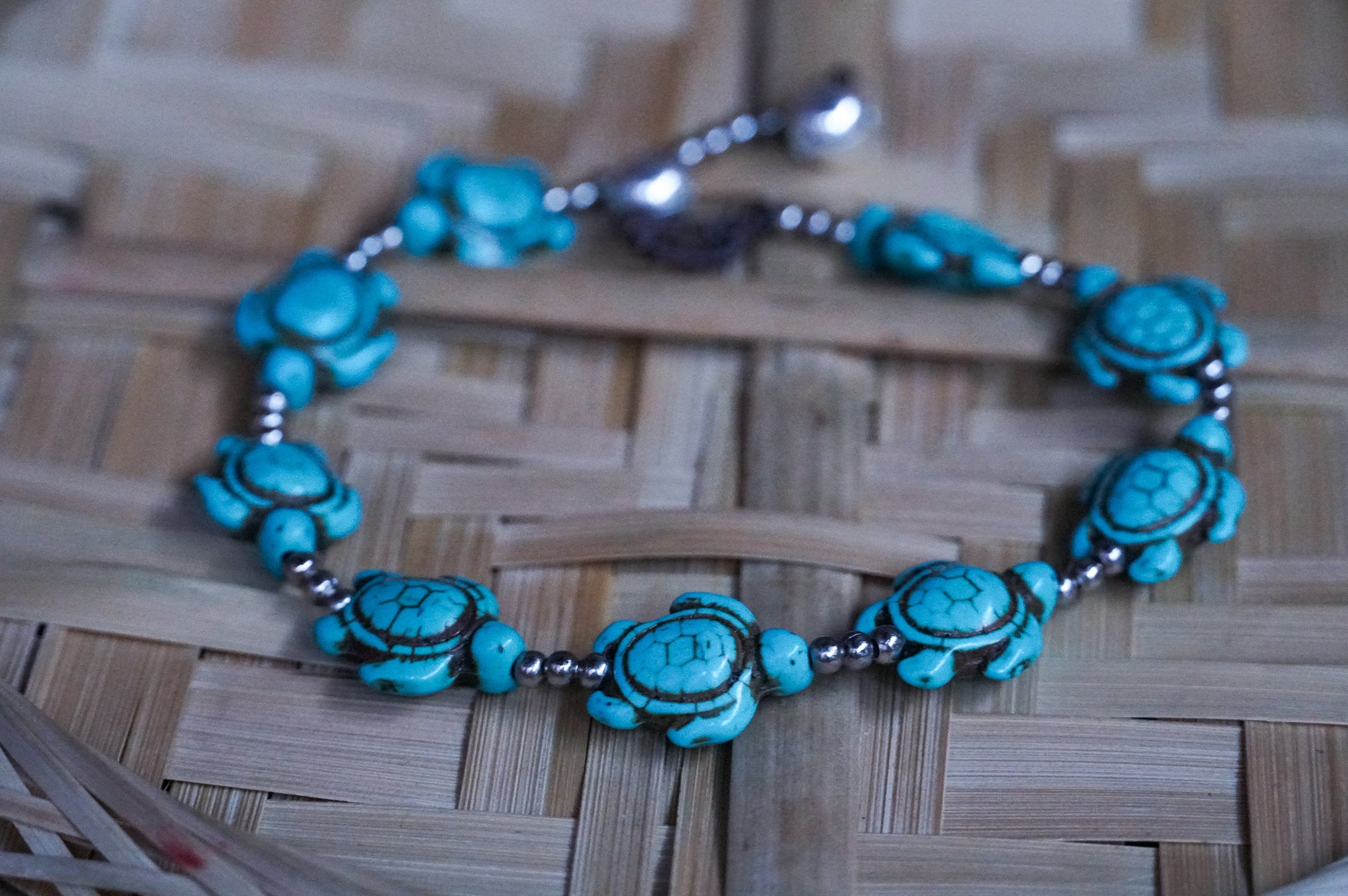 Turquoise Color Turtle Boho Silver Anklet - Bracelets &