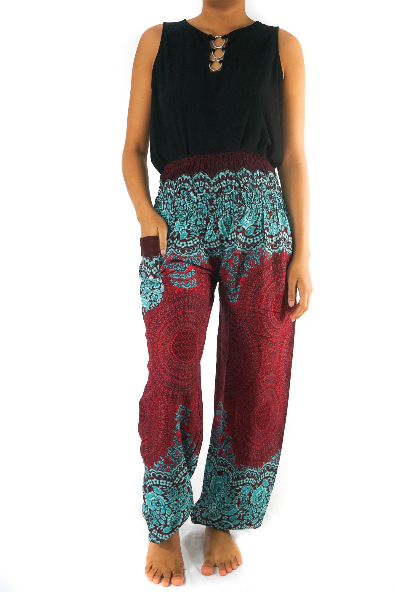 Burgundy FLORAL MANDALA Women Boho & Hippie Harem Pants