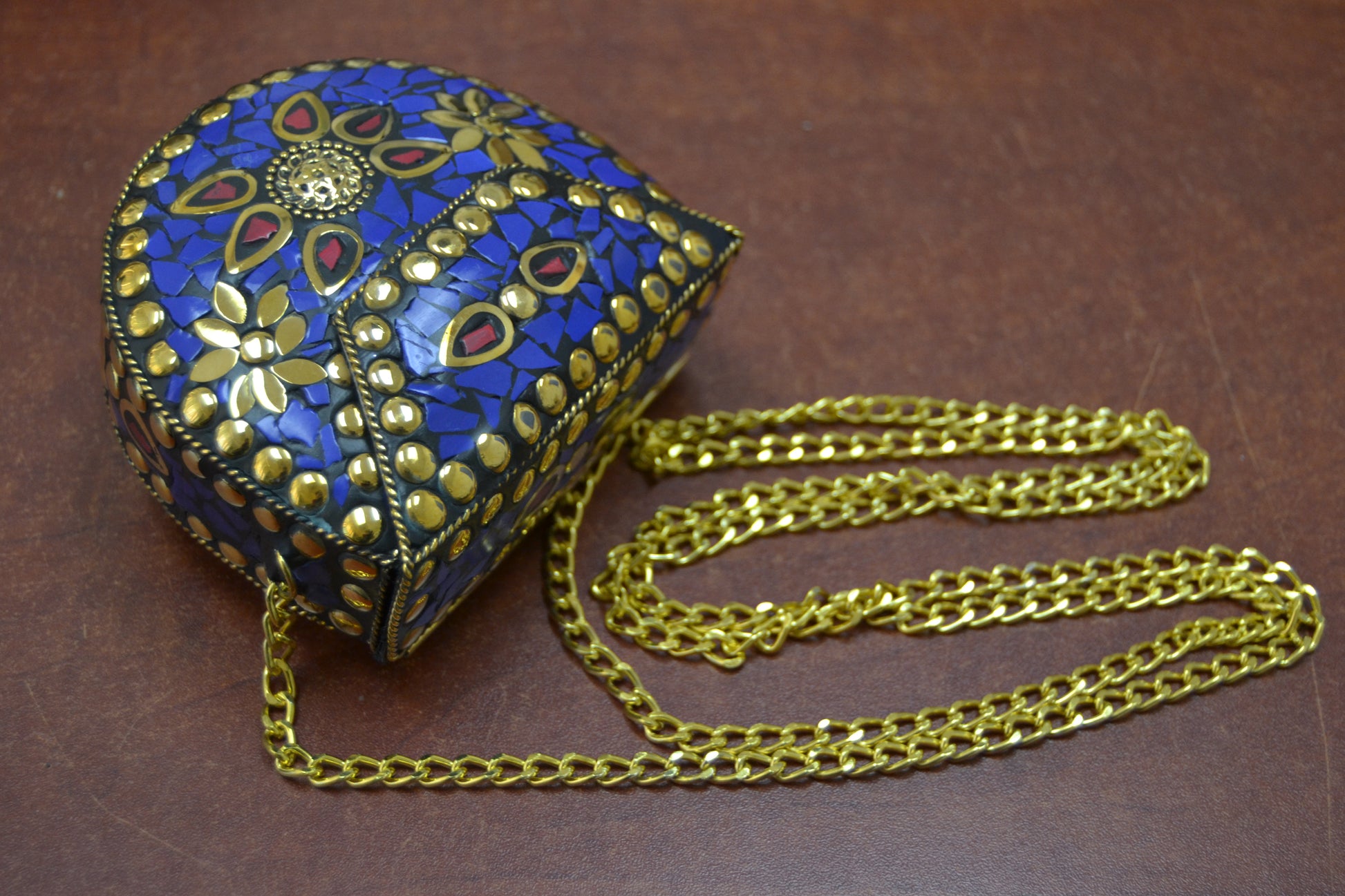 Handmade Blue Shell Clutch Brass Metal Purse