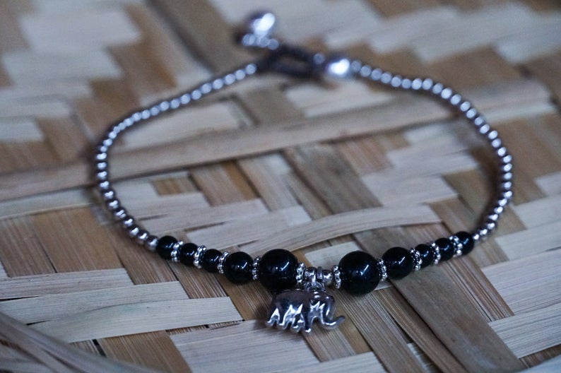 Black Elephant Pendant Boho Silver Anklet