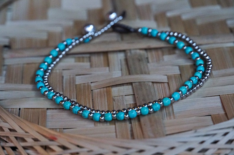 Turquoise Color Dual Band Boho Silver Anklet - Bracelets &