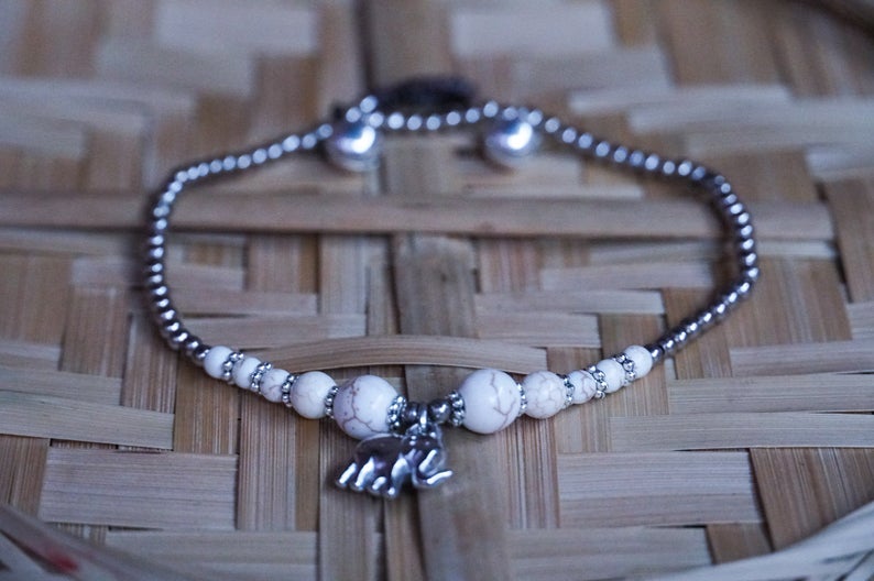 White Elephant Pendant Boho Silver Anklet - Bracelets &
