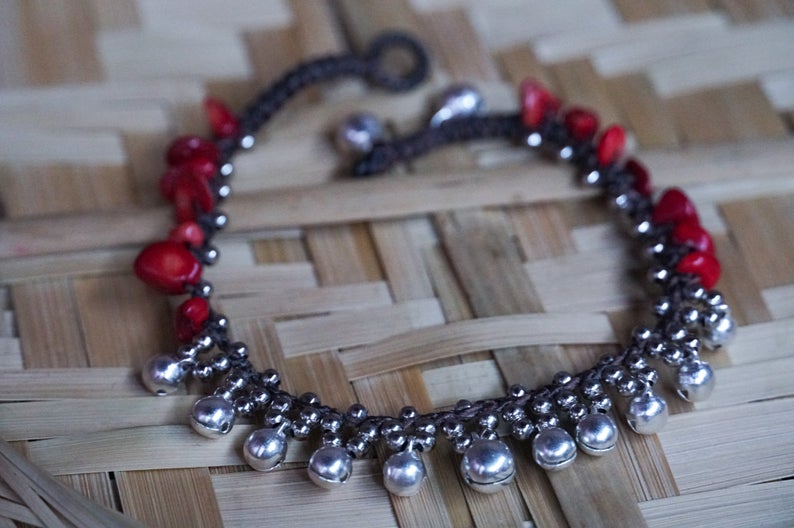 Red Silver Bell Stone Boho Anklet - Bracelets & Anklets