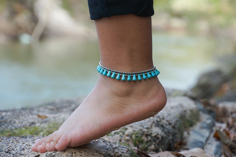 Turquoise Color Teardrop Bead Boho Silver Tone Anklet -