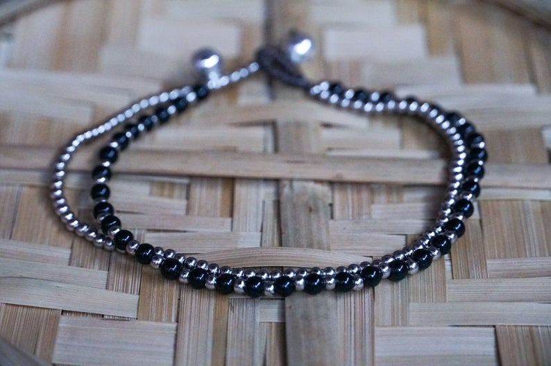 Black Dual Band Boho Silver Anklet - Bracelets & Anklets