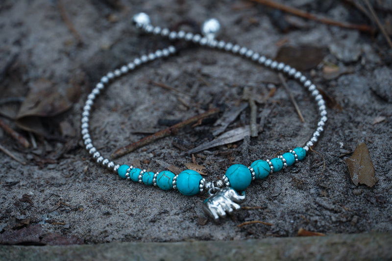 Turquoise Elephant Pendant Boho Silver Anklet - Bracelets &