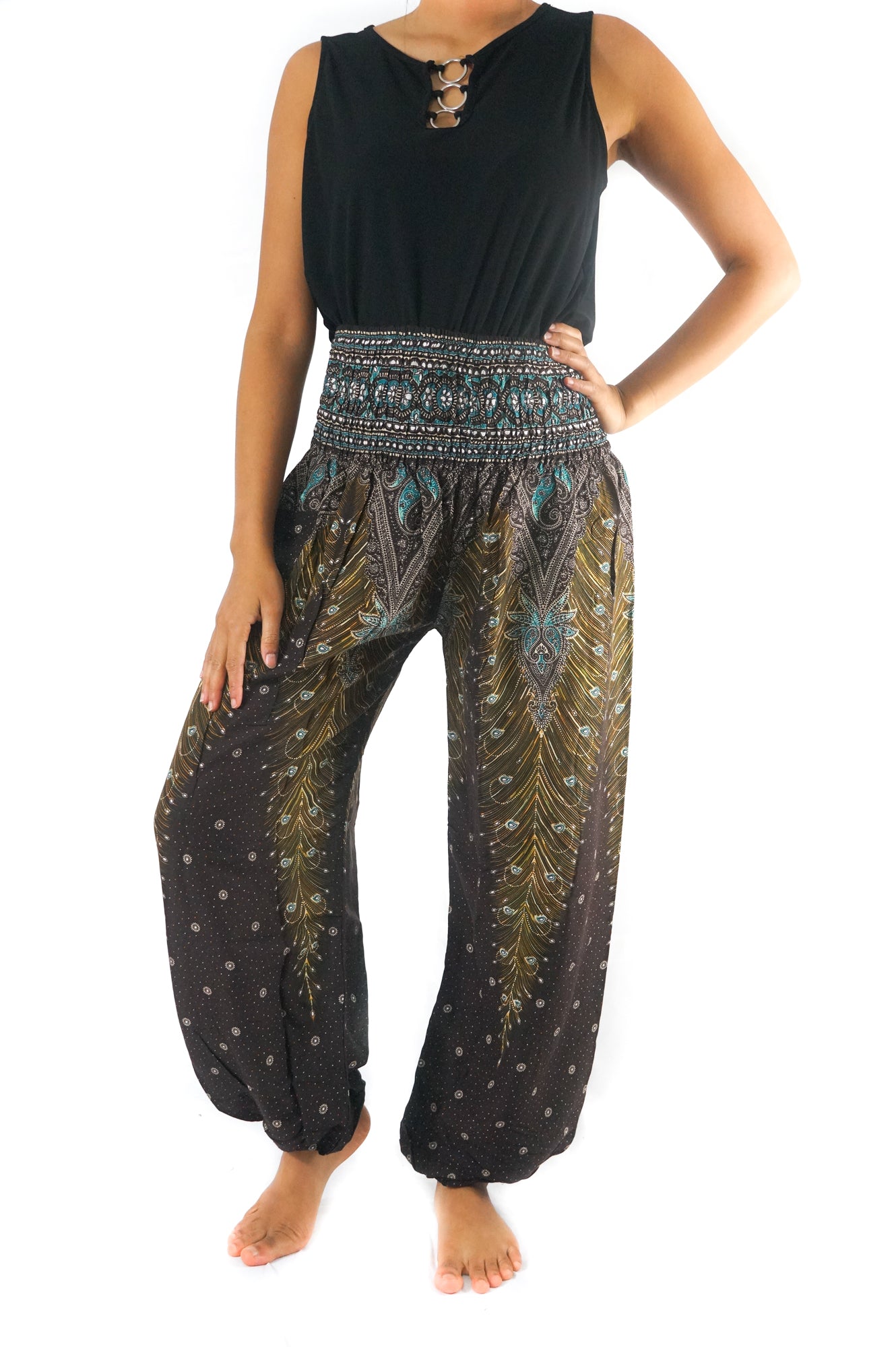 Brown Teal PEACOCK Women Boho & Hippie Harem Pants