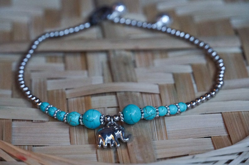 Turquoise Elephant Pendant Boho Silver Anklet - Bracelets &