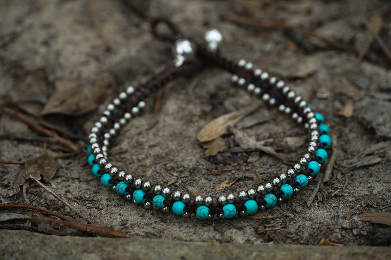 Turquoise Color Band Boho Silver Anklet - Bracelets &