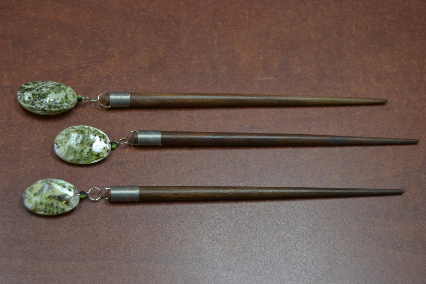 Handmade Green Abalone Shell Wood Hairsticks 3 Pcs 