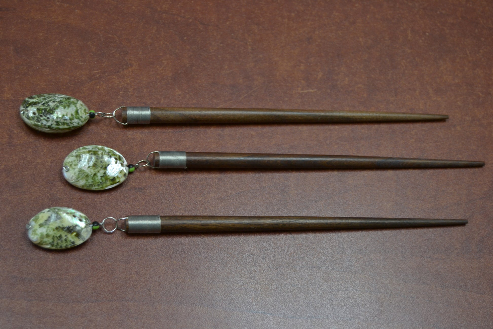 Handmade Green Abalone Shell Wood Hairsticks 3 Pcs 