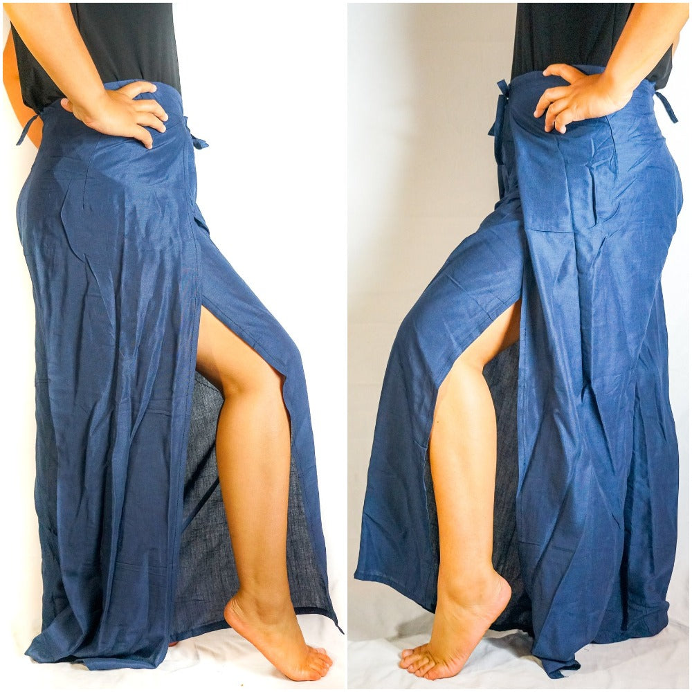 Solid Blue Palazzo Wrap Pants, Hippie & Boho Style